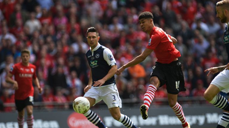 Ashley Fletcher opens the scoring for Barnsley against Millwall in the League One play-off final