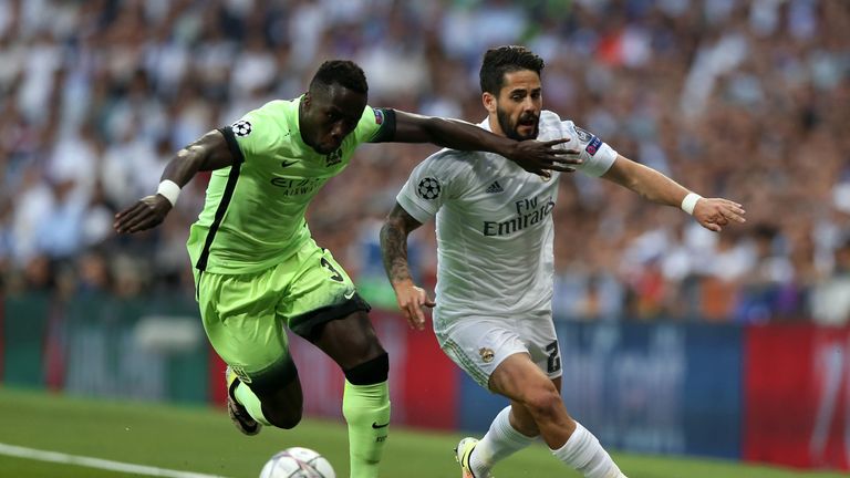 Manchester City's Bacary Sagna and Real Madrid's Alarcon Isco (right) battles for the ball during the UEFA Champions League Semi Final, Second Leg match at