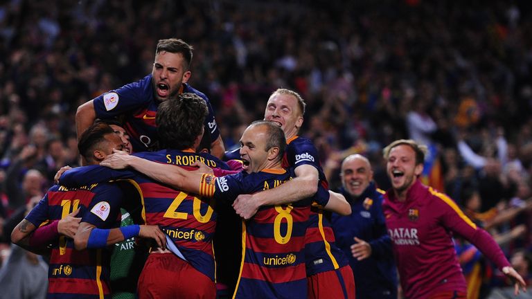Barcelona players celebrate after scoring their 2nd goal during the Copa del Rey Final