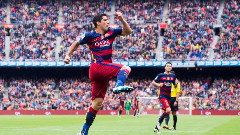 Luis Suarez of FC Barcelona celebrates after scoring his team's third goal during the La Liga match between Barcelona and Espanyol