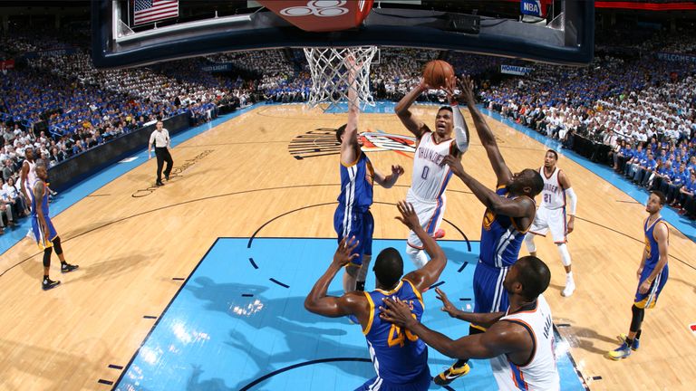 Russell Westbrook takes a shot for Oklahoma City Thunder against the Golden State Warriors in Game Three on May 22, 2016