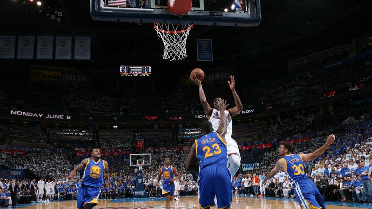 Kevin Durant shoots for Oklahoma City Thunder in game three against the Golden State Warriors on May 22, 2016