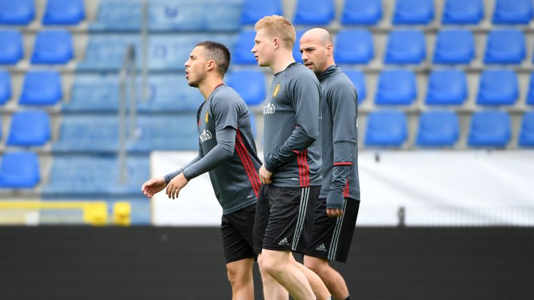 Belgium players (L-R) Eden Hazard, Kevin De Bruyne and Laurent Ciman take part in a training session