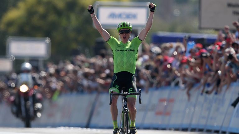 Ben King of the United States riding for Cannondale Pro Cycling celebrates as he wins stage two of the Tour of California