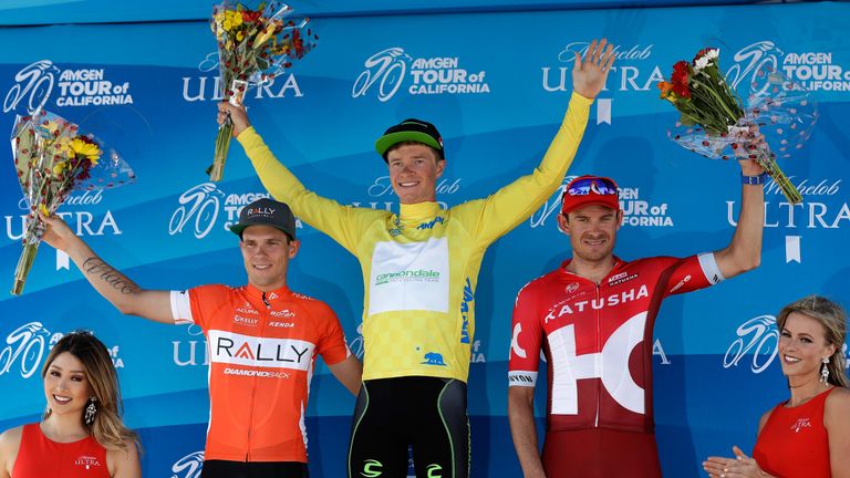 Ben King (C) takes the yellow jersey in the Tour of California