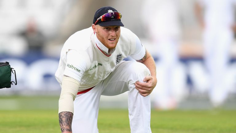 Ben Stokes of England feels at his knee during day two of the 1st Investec Test match at Headingley 
