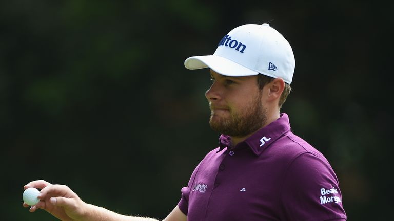 Tyrrell Hatton of England reacts during day three of the BMW PGA Championship at Wentworth