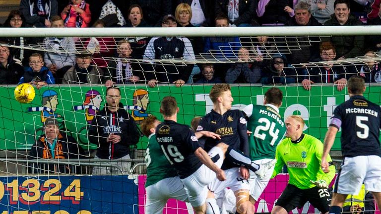 Bob McHugh (19) hooks home his last-gasp winner against Hibs