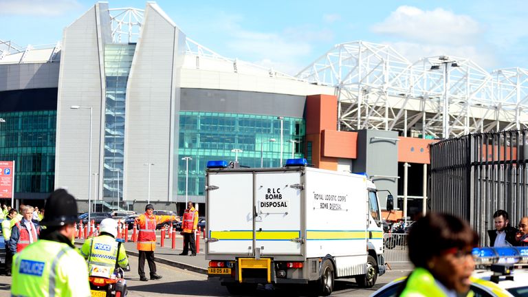 A Bomb Disposal vehicle outside of Old Trafford after the Manchester United v Bournemouth game was abandoned