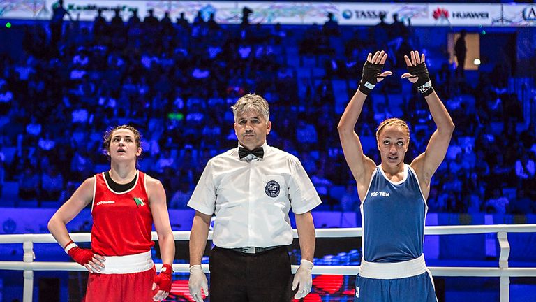 France's Estelle Mossely is declared the winner against Ireland's Katie Taylor