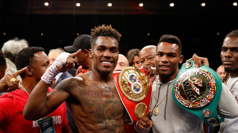 Jermall Charlo (L) and twin brother Jermell celebrate their double triumph in Las Vegas