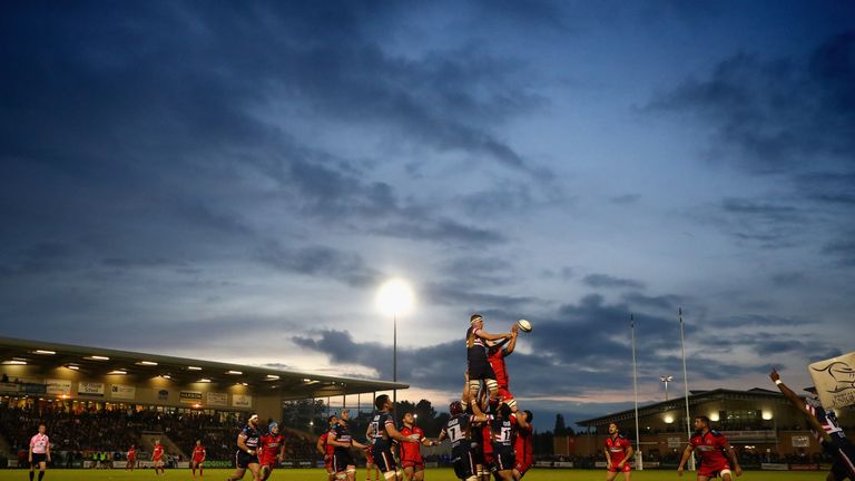 DONCASTER, ENGLAND - MAY 18:  A lineout takes place during the Greene King IPA Championship play off final, first leg match between Doncaster Knights and B