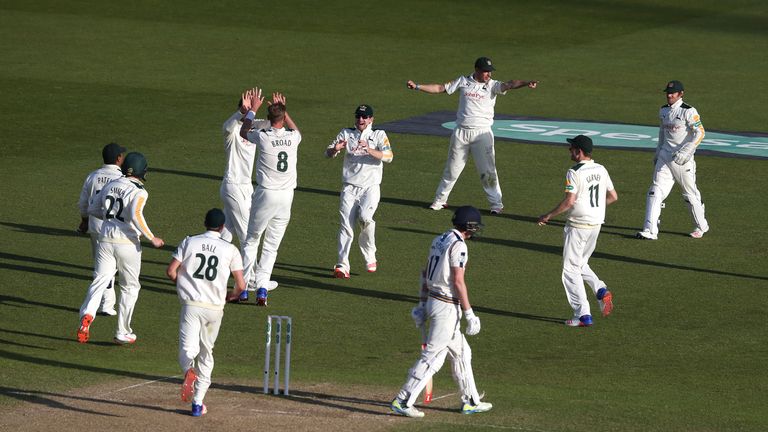 Nottinghamshire players celebrate after Steven Patterson is trapped  LBW off the bowling of Stuart Broad 