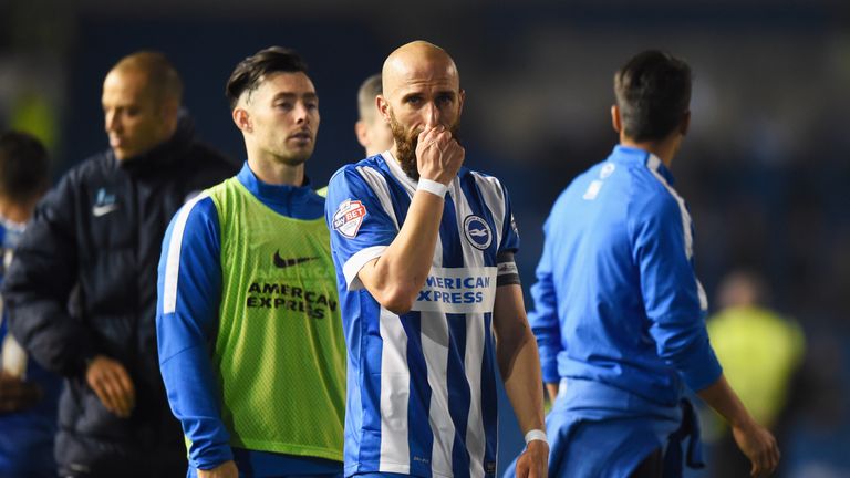 BRIGHTON, ENGLAND - MAY 16:  Bruno Saltor of Brighton and Hove Albion (front) shows his emotions after the Sky Bet Championship Play Off semi final second 