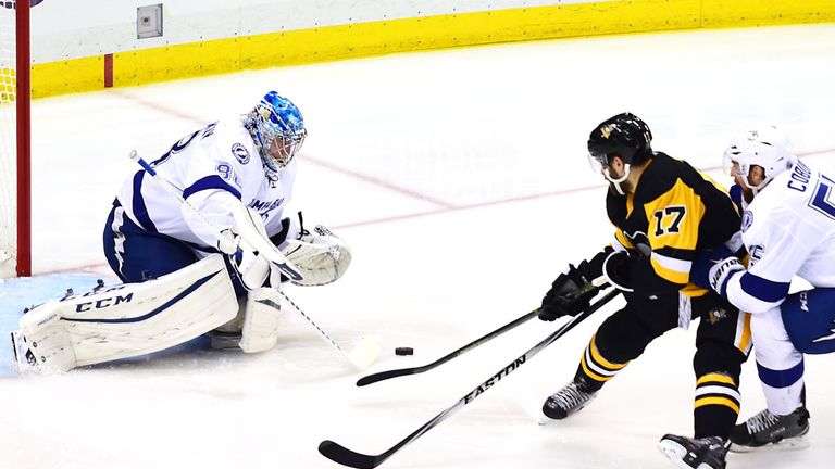 Bryan Rust (c) of Pittsburgh caused Tampa Bay problems all night