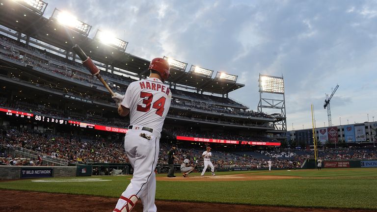 Bryce Harper #34 of the Washington Nationals gets ready to bat in the third inning against the Detroit Tigers at Nationals Park o