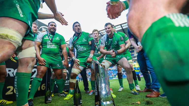 Connacht's Bundee Aki and Robbie Henshaw celebrate winning the PRO12 title