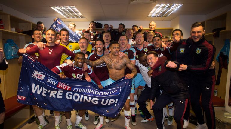 Burnley celebrate promotion after beating QPR. (Mark Robinson/Sky Bet)