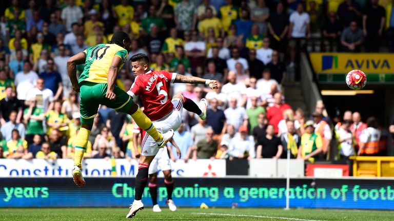 Cameron Jerome of Norwich City heads the ball to shoot at goal `during the Barclays Premier League match between Norwich City a