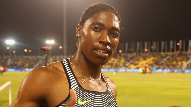 Caster Semenya of South Africa celebrates after victory in the women's 800 metres at the Diamond League meeting in Doha