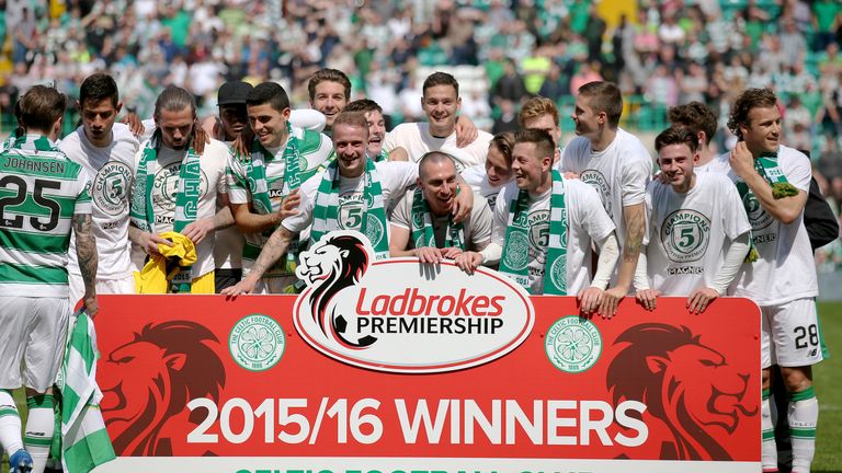 Celtic players celebrate winning the league after the Ladbrokes Scottish Premiership match at Celtic Park, Glasgow.