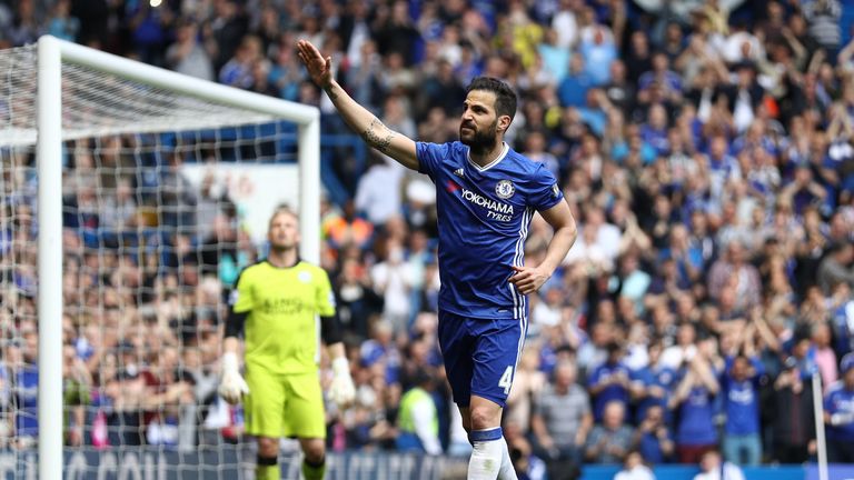 Cesc Fabregas of Chelsea celebrates scoring his team's first goal from the penalty spot