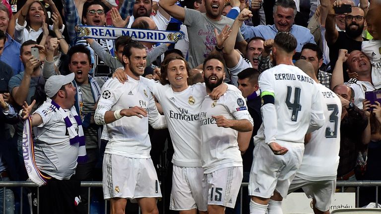 Gareth Bale celebrates after scoring for Real Madrid against Manchester City in the Champions League