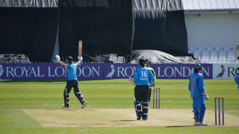 Charlotte Edwards celebrates reaching her century for England Women