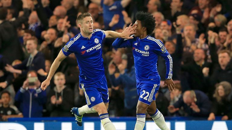 Chelsea's Gary Cahill (left) celebrates with team-mate Willian after scoring his side's first goal during the Barclays Premier League match at Stamford Bri