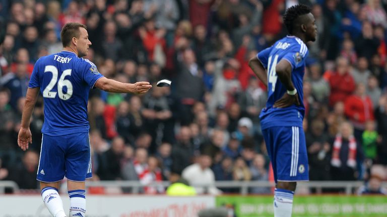 SUNDERLAND, ENGLAND - MAY 07:  John Terry of Chelsea throws his captain's armband as he walks off the pitch after sent off during the Barclays Premier Leag