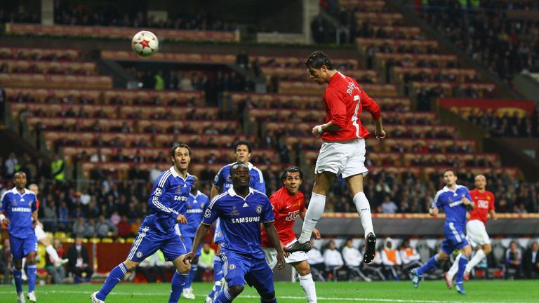 MOSCOW - MAY 21:  Cristiano Ronaldo of Manchester United heads the opening goal during the UEFA Champions League Final match between Manchester United and 