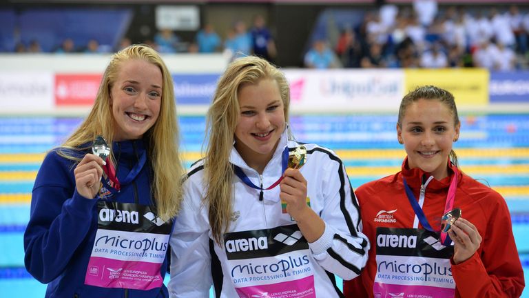 Chloe Tutton (far right) took bronze behind
Ruta Meilutyte (centre) and Hrafnhildu Luthersdottir (left)