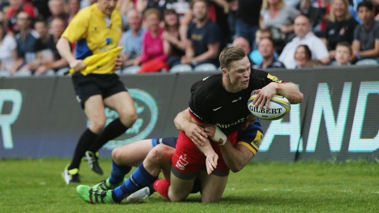  Chris Ashton of Saracens scores their second try during against  Worcester Warriors