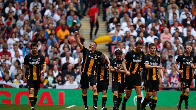 LONDON, ENGLAND - MAY 22:  Chris Swailes (2nd from R) of Morpeth Town celebrates after scoring during the The FA Vase Final match between Hereford FC and M