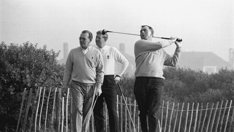 Christy O'Connor Snr tees off at Royal Birkdale during the 1965 Ryder Cup - one of his 10 appearances in the competition