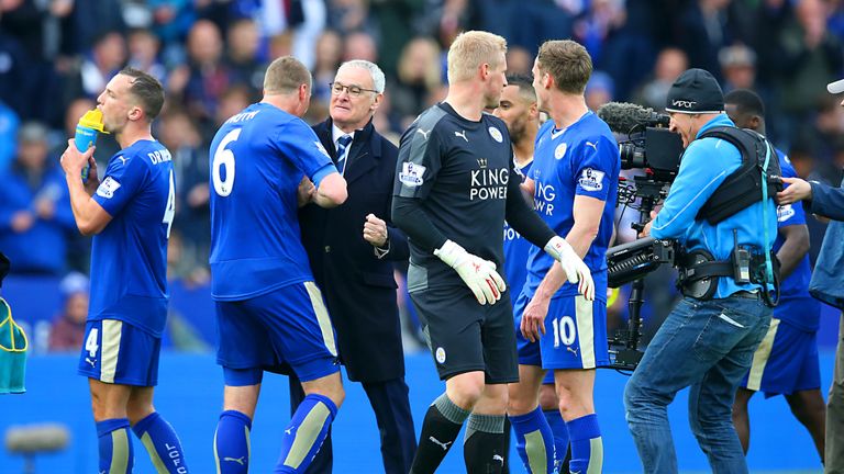 Leicester City manager Claudio Ranieri congratulates the players 