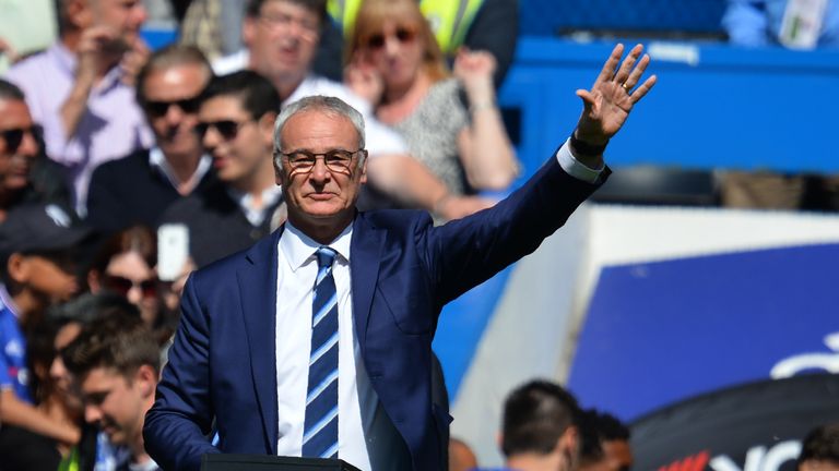 Claudio Ranieri waves to fans before Leicester's game at Stamford Bridge