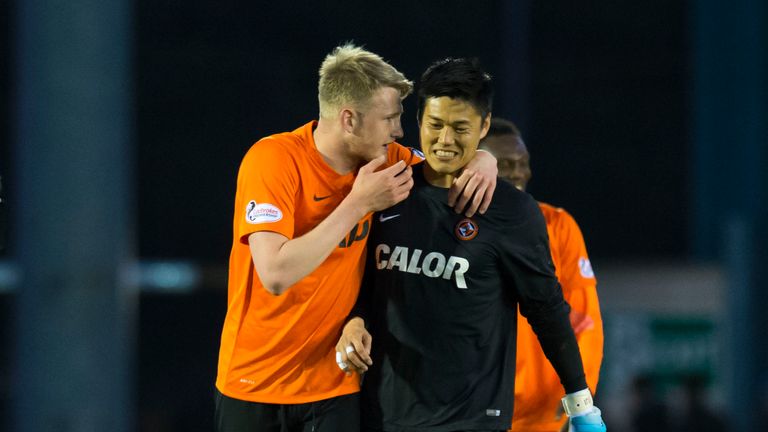 Dundee United's Coll Donaldson (left) and goalkeeper Eiji Kawashima at full time
