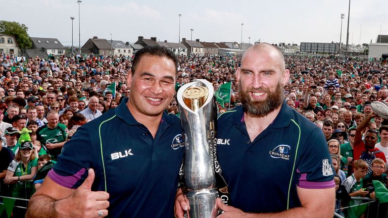 Connacht head coach Pat Lam (L) and skipper John Muldoon with the PRO12 trophy