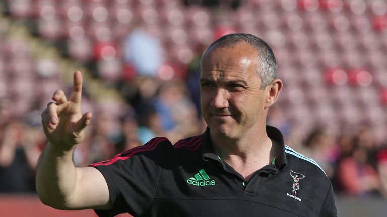 LONDON, ENGLAND - MAY 07: Conor O'Shea, the departing Harlequins' Director of Rugby waves as he walks around the pitch and acknowledges the supporters appl