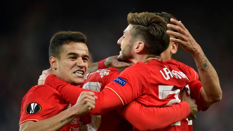 Liverpool's English forward Daniel Sturridge  (C) celebrates with teammates after scoring the first goal  during the UEFA Europa League final football matc