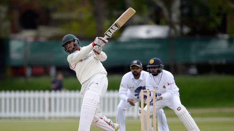 Aadil Ali of Leicestershire hits out for six runs during the tour match between Leicestershire and Sri Lanka at Grace Road