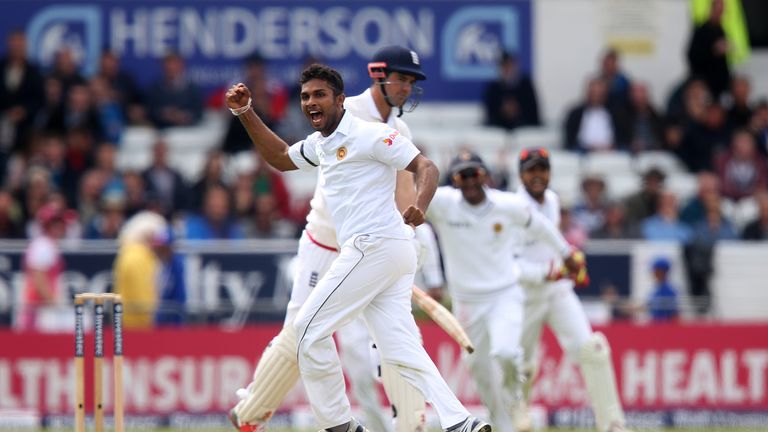 Sri Lanka's Dasun Shanaka celebrates taking the wicket of England's Alastair Cook during day one of the 1st Investec Test at Headingley, Leeds