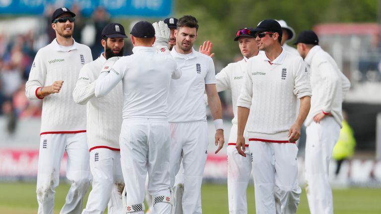 James Anderson (centre) celebrates the wicket of Sri Lanka's Angelo Mathews during day three of the Investec Second Test at the Emirates Riverside