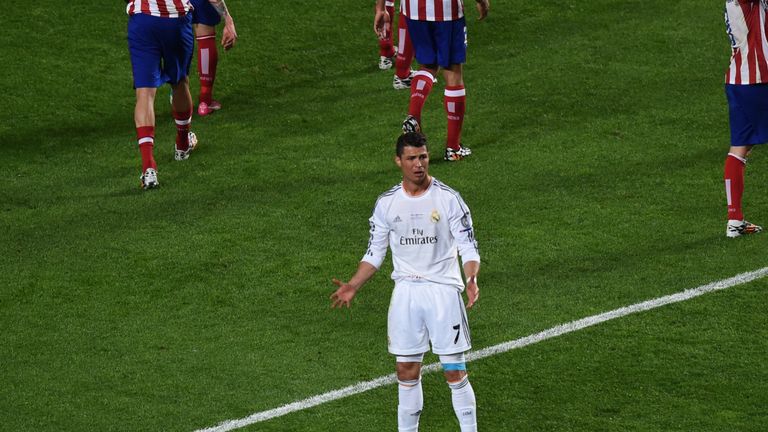 Real Madrid's Portuguese forward Cristiano Ronaldo reacts during the UEFA Champions League Final Real Madrid vs Atletico de Madrid at Luz stadium in Lisbon