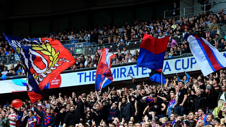 LONDON, ENGLAND - MAY 21:  Crystal Palace fans show their support during The Emirates FA Cup Final match between Manchester United and Crystal Palace at We