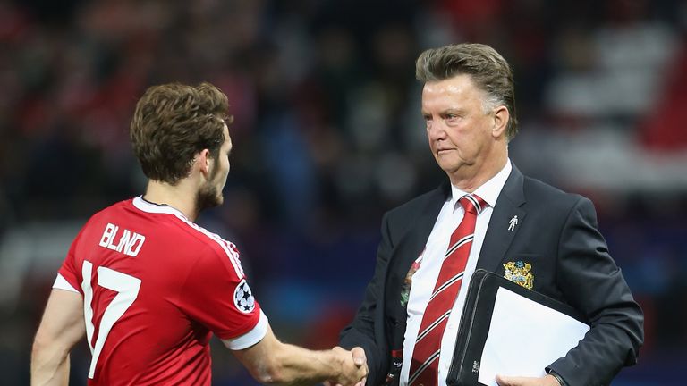 Daley Blind shakes hands with Manchester United manager Louis van Gaal