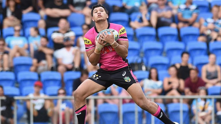 Dallin Watene-Zelezniak of the Panthers catches the ball during the round seven NRL match against the Gold Coast Titans 