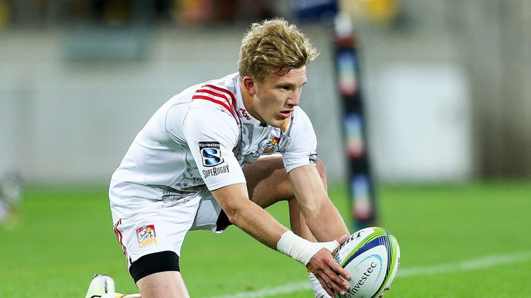 Damian McKenzie of the Chiefs lines up a kick during the round nine Super Rugby match between the Hurricanes and the Chiefs