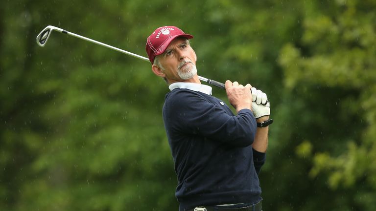 Former F1 Driver Damon Hill hits a shot during the Pro-Am ahead of the BMW PGA Championship at Wentworth 